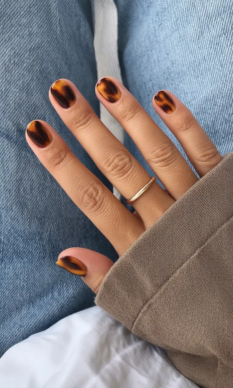 Short square tortoiseshell nails with glossy finish