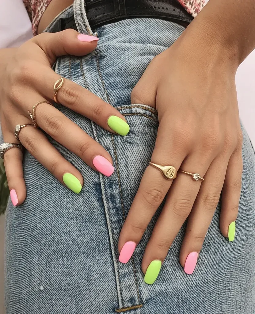 Neon pink and green nails with almond shape