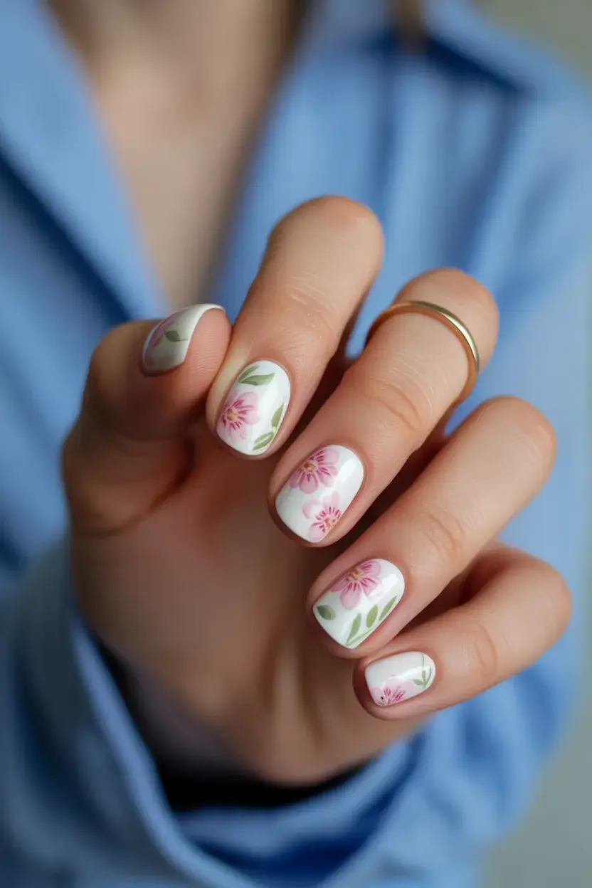 Short round nails with pink floral design