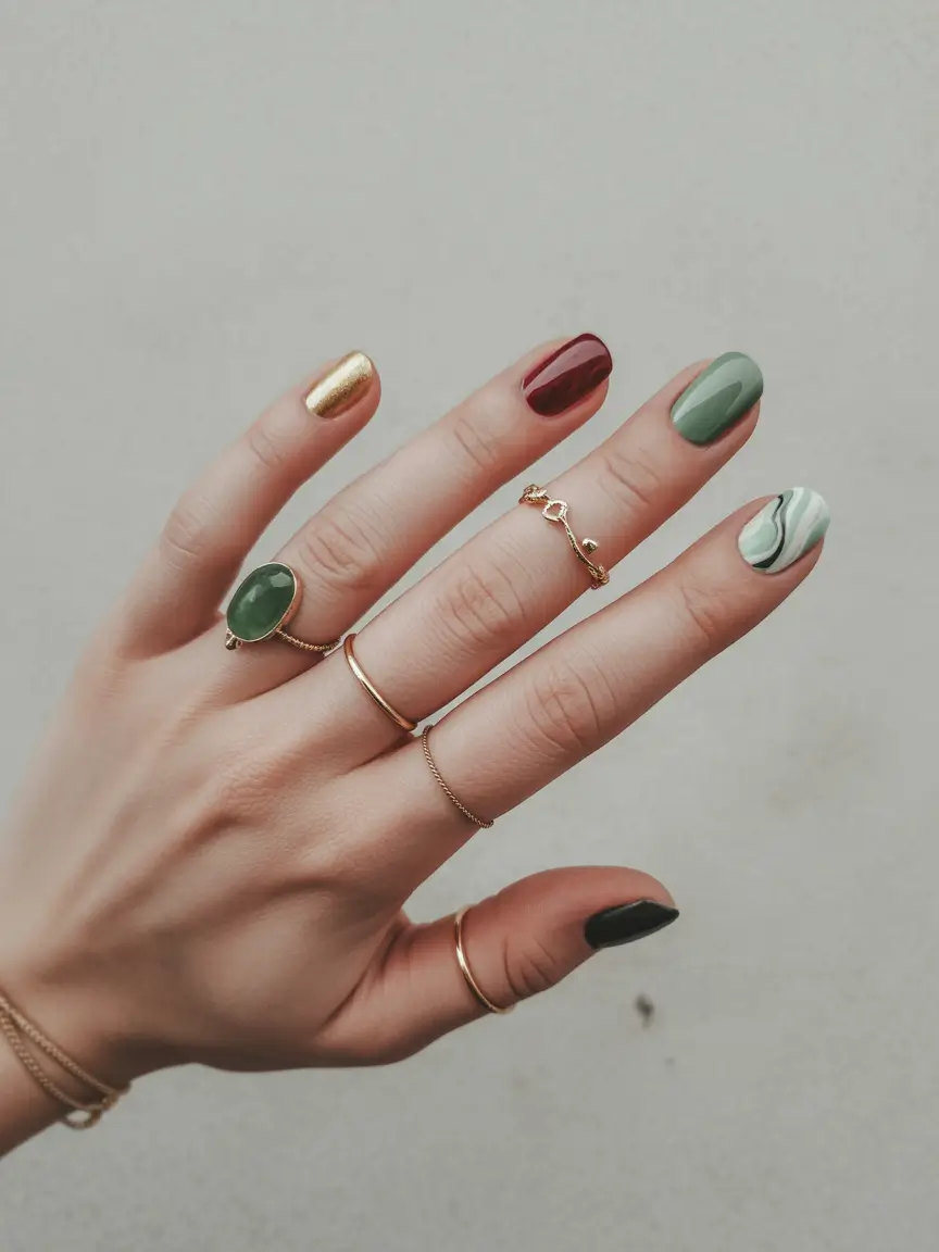 Mixed color nails with earthy tones and metallic accent