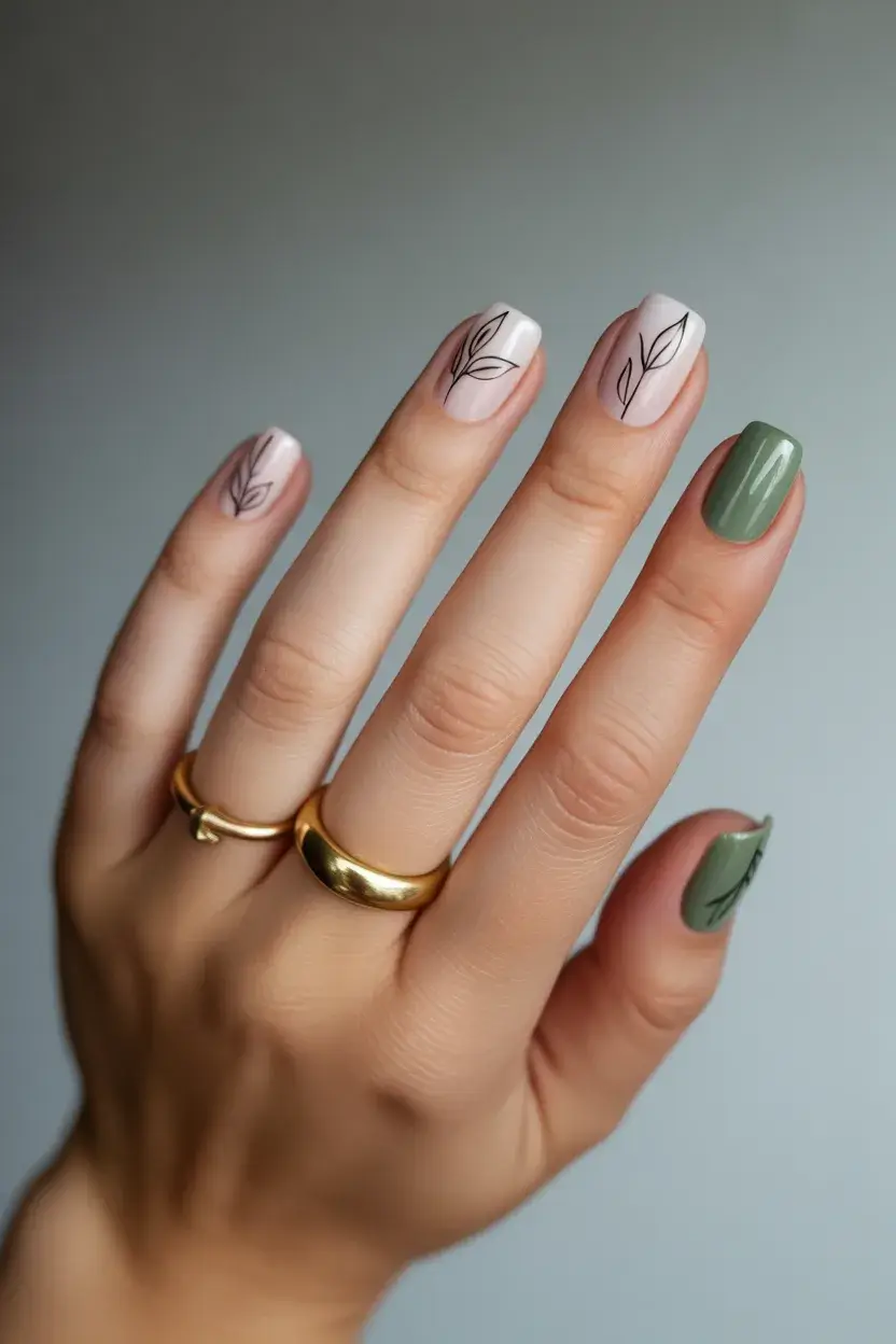 Short green and nude nails with leaf design