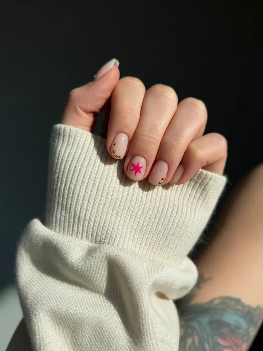 Short nude nails with pink star and gold dots
