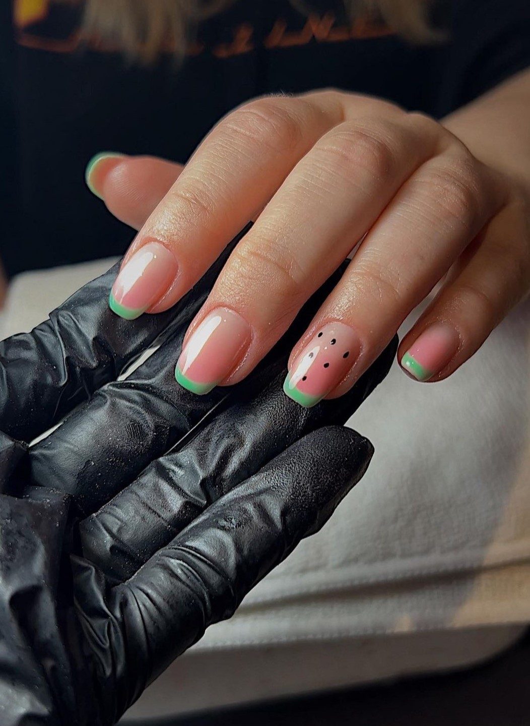Watermelon-themed French nails, playful and quirky, a fun choice for Pinterest's creative boards.