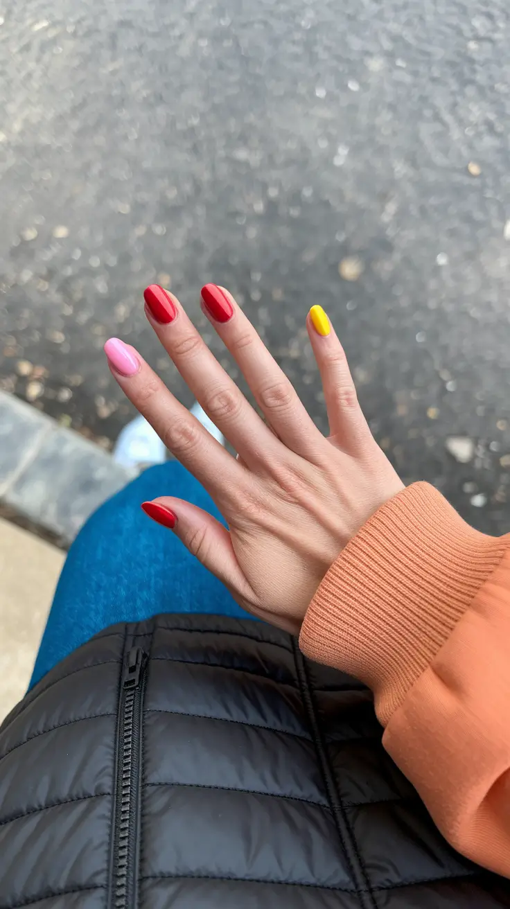 Multicolored short almond nails, vivid and playful.