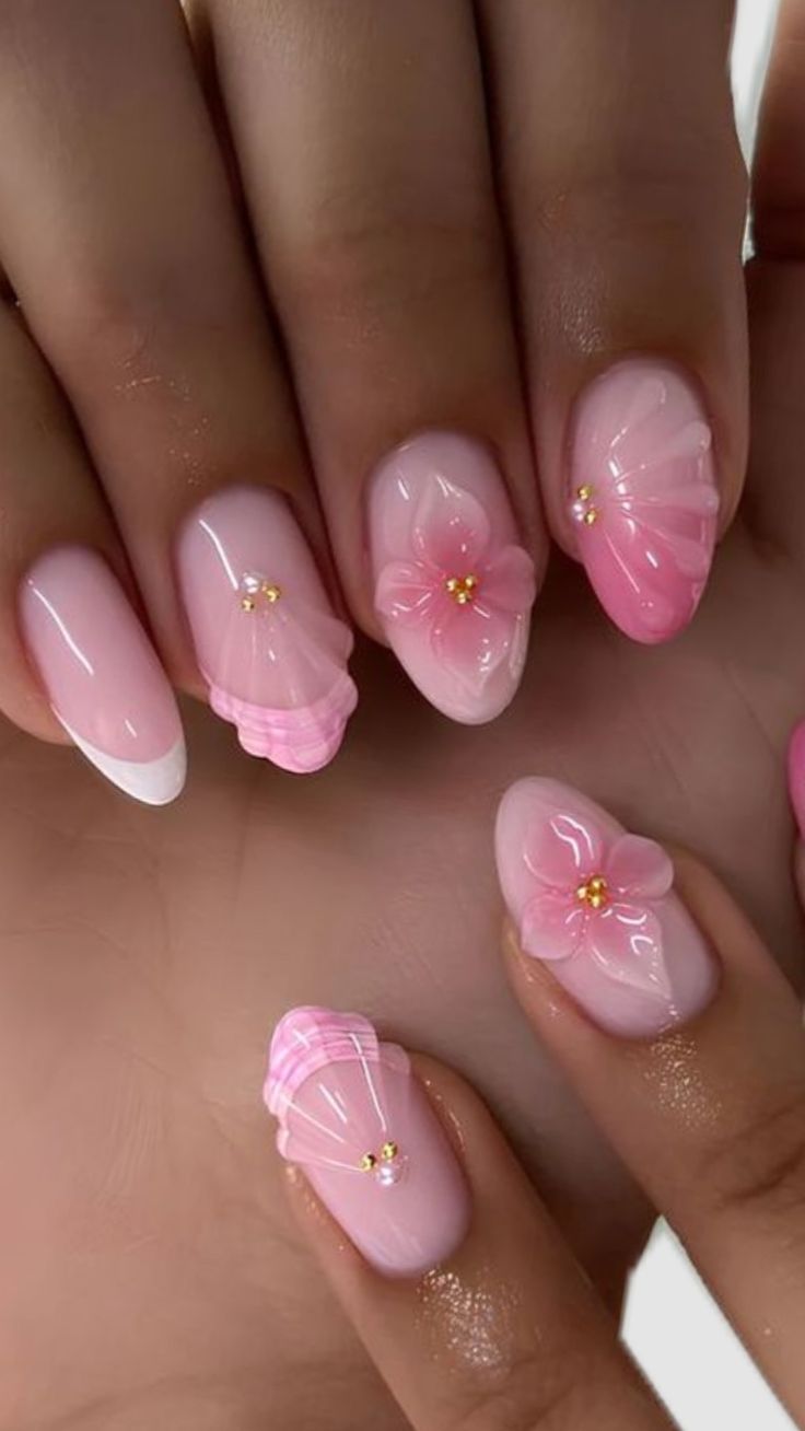 Floral 3D nails, pink and delicate, romantic and artistic.