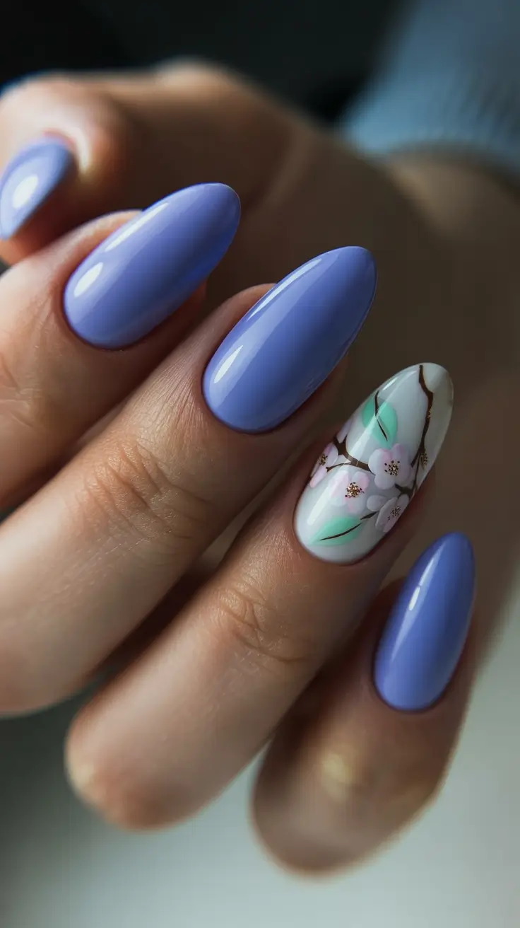 Lavender nails with floral art, serene and elegant.