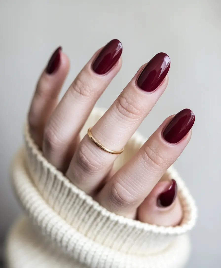 Burgundy almond nails, bold and elegant.