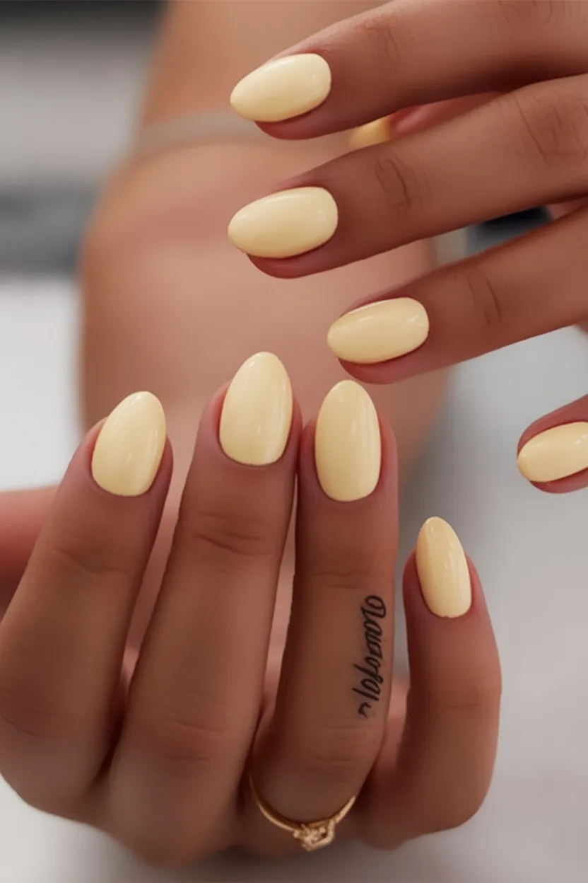 Lemon yellow almond nails, fresh and vibrant.