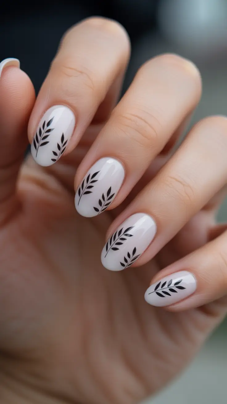 Black leaf design on nude nails, minimalist and elegant.