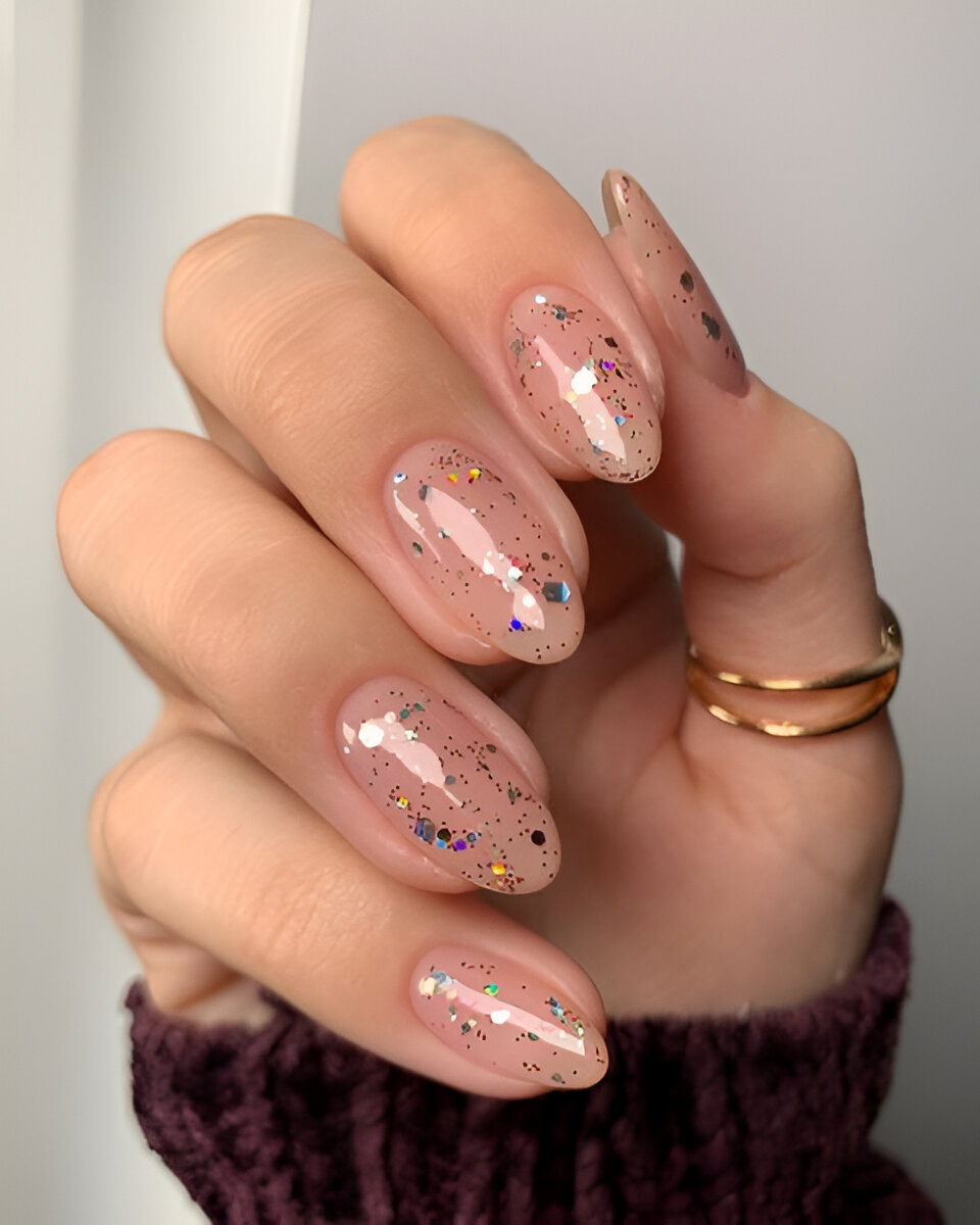 Nude nails with confetti glitter, festive and fun.
