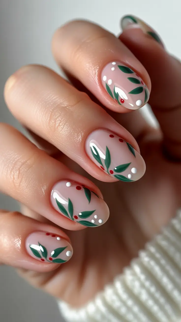 Holly-themed nails, festive and charming.