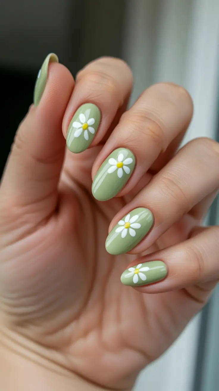 Green nails with daisy design, fresh and playful.