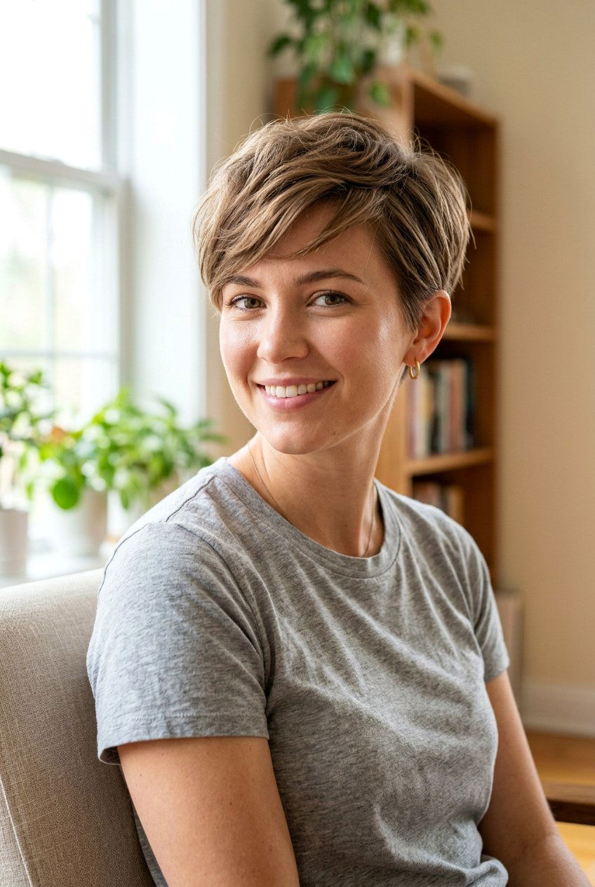 Textured pixie with asymmetrical bangs