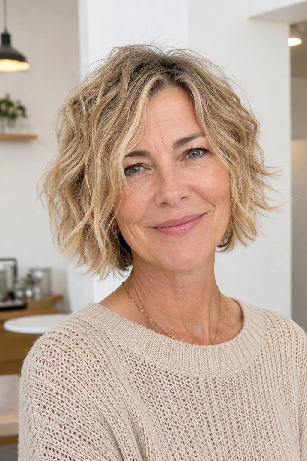 Beachy waves with short bangs
