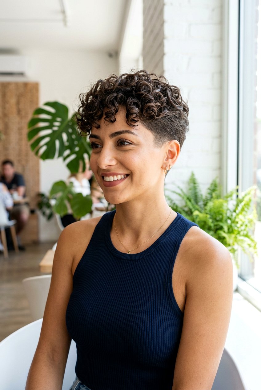 Curly undercut with short bangs