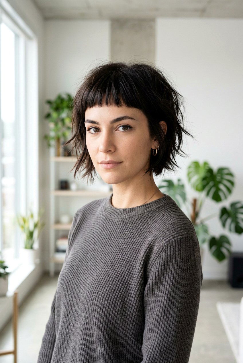 Wavy bob with short wispy bangs