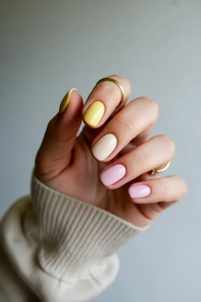 Pastel mix short gel nails in pink, yellow, and cream hues