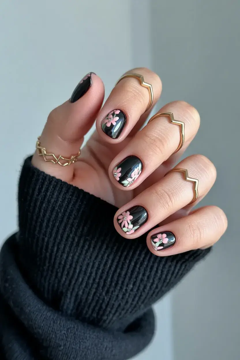 Short black gel nails with pink floral accents