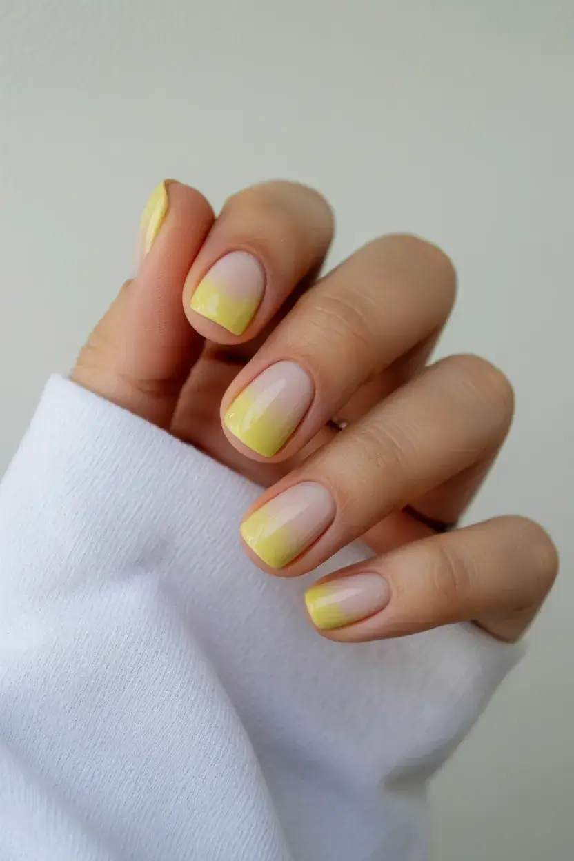 Short square gel nails with yellow French tips
