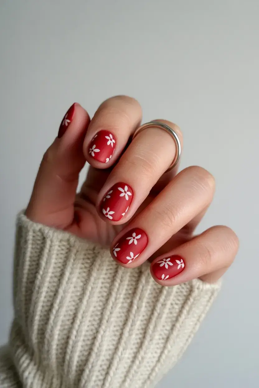 Short round gel nails with white daisy art on rust red