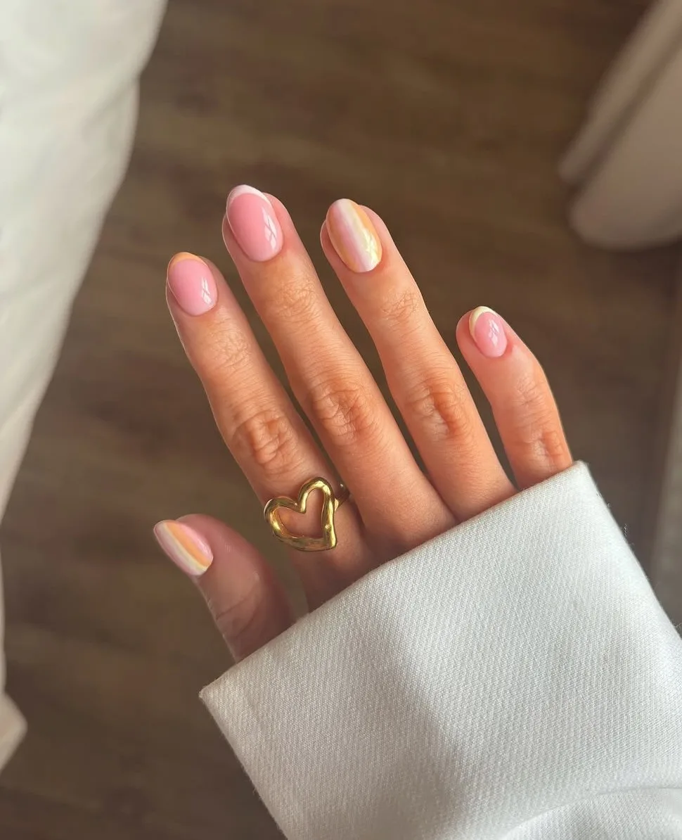 Square nails with pastel aura effect, trendy nail design on Pinterest.
