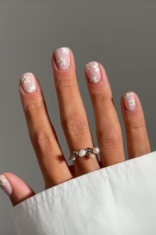 Short square nails with white floral nail art, Pinterest style inspiration.