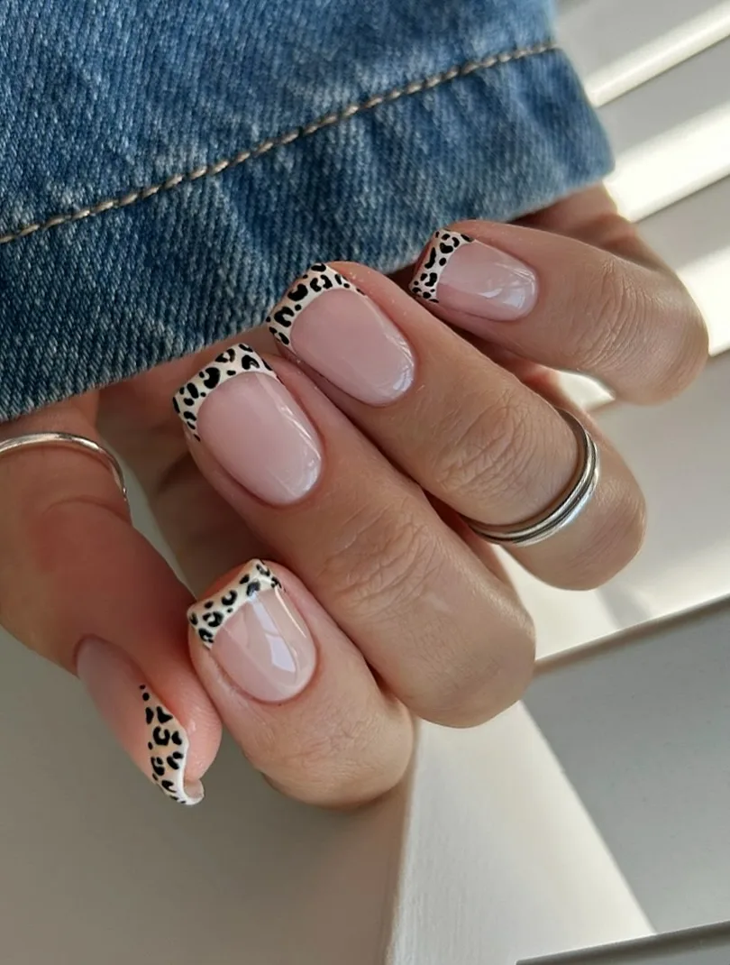 Short square nails with leopard print French tips, nail art on Pinterest.
