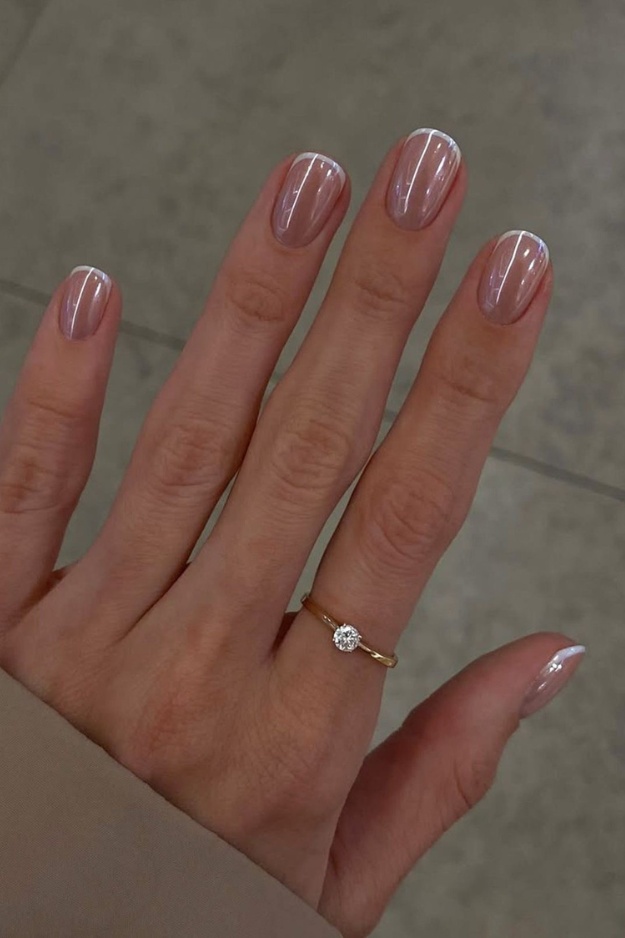 Short square nails with chic micro-French tips, Pinterest nail design.