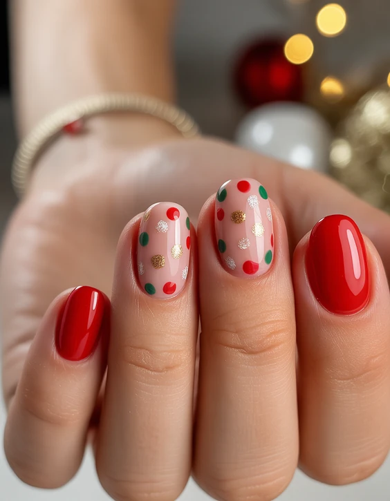 Short square nails with red polish and festive polka dots.