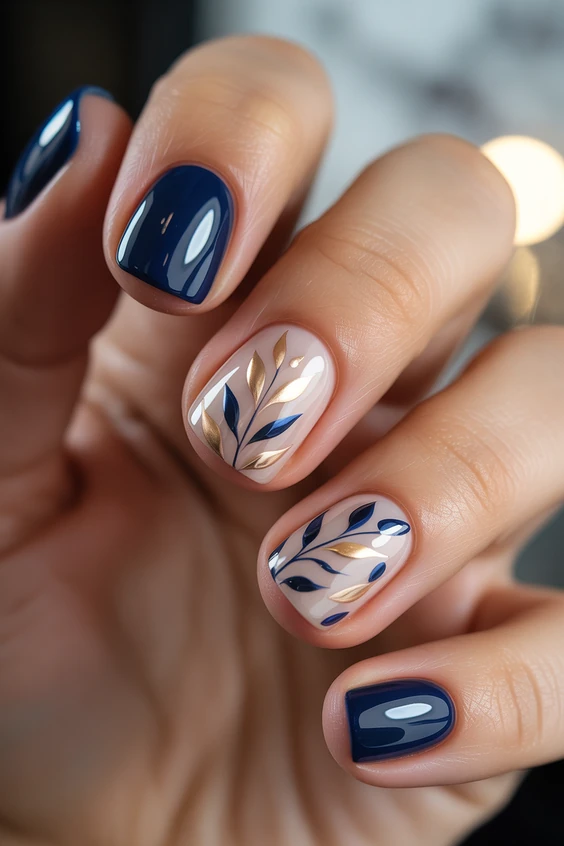 Short square nails with navy polish and gold leaf art, sophisticated nail design.