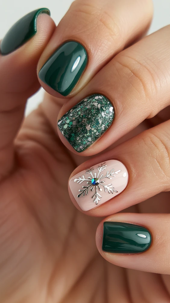 Short square nails with green and glitter accents, festive and chic.