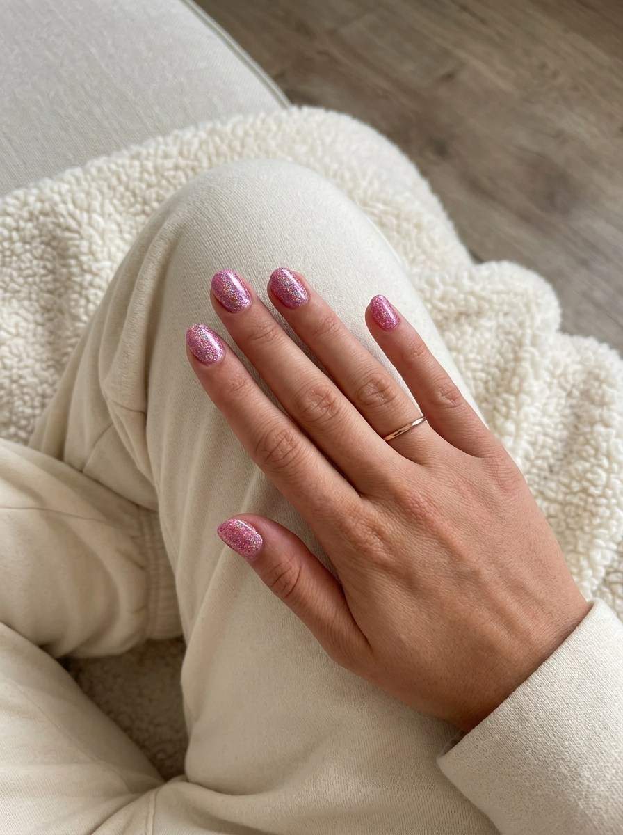 Short square nails with pink glitter, sparkling and playful.