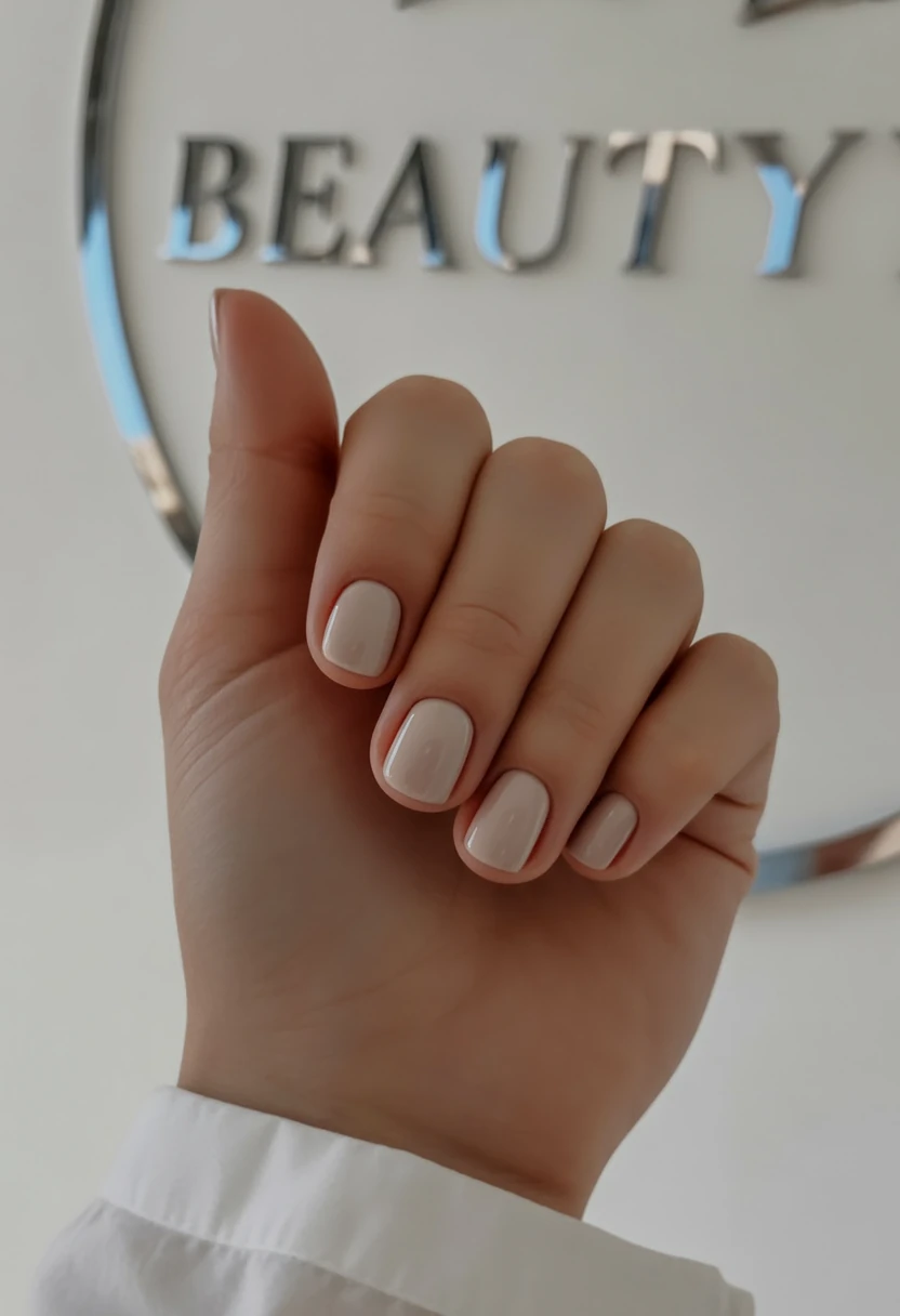 Short square nails with soft nude polish, minimalist and elegant.