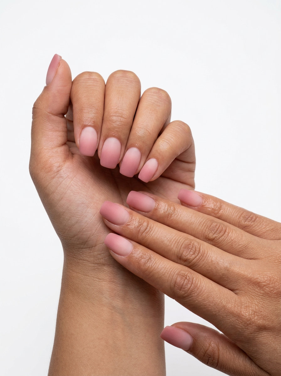Short square nails with matte rosy finish, elegant and modern.
