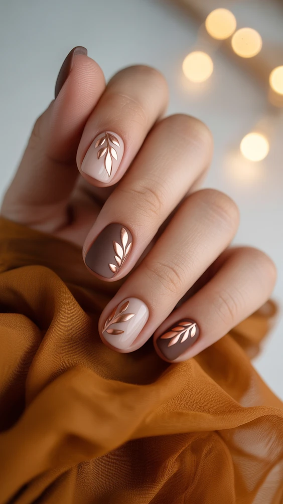Short square nails with matte finish and leaf design, chic and elegant.