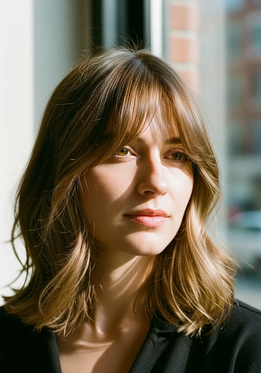 Chic lob with wispy side bangs and soft waves