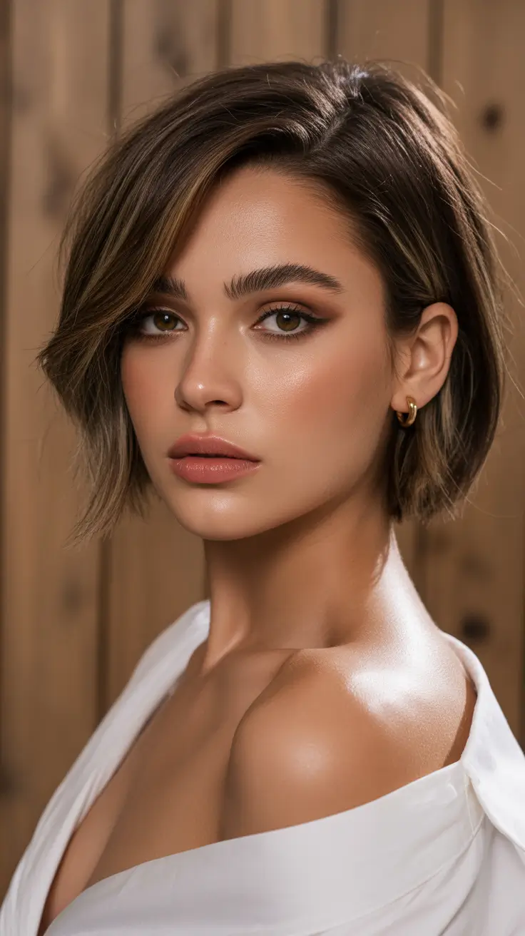 Sleek bob with asymmetrical side bangs on brunette hair