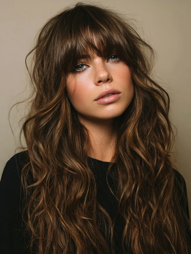 Long tousled waves with full side bangs