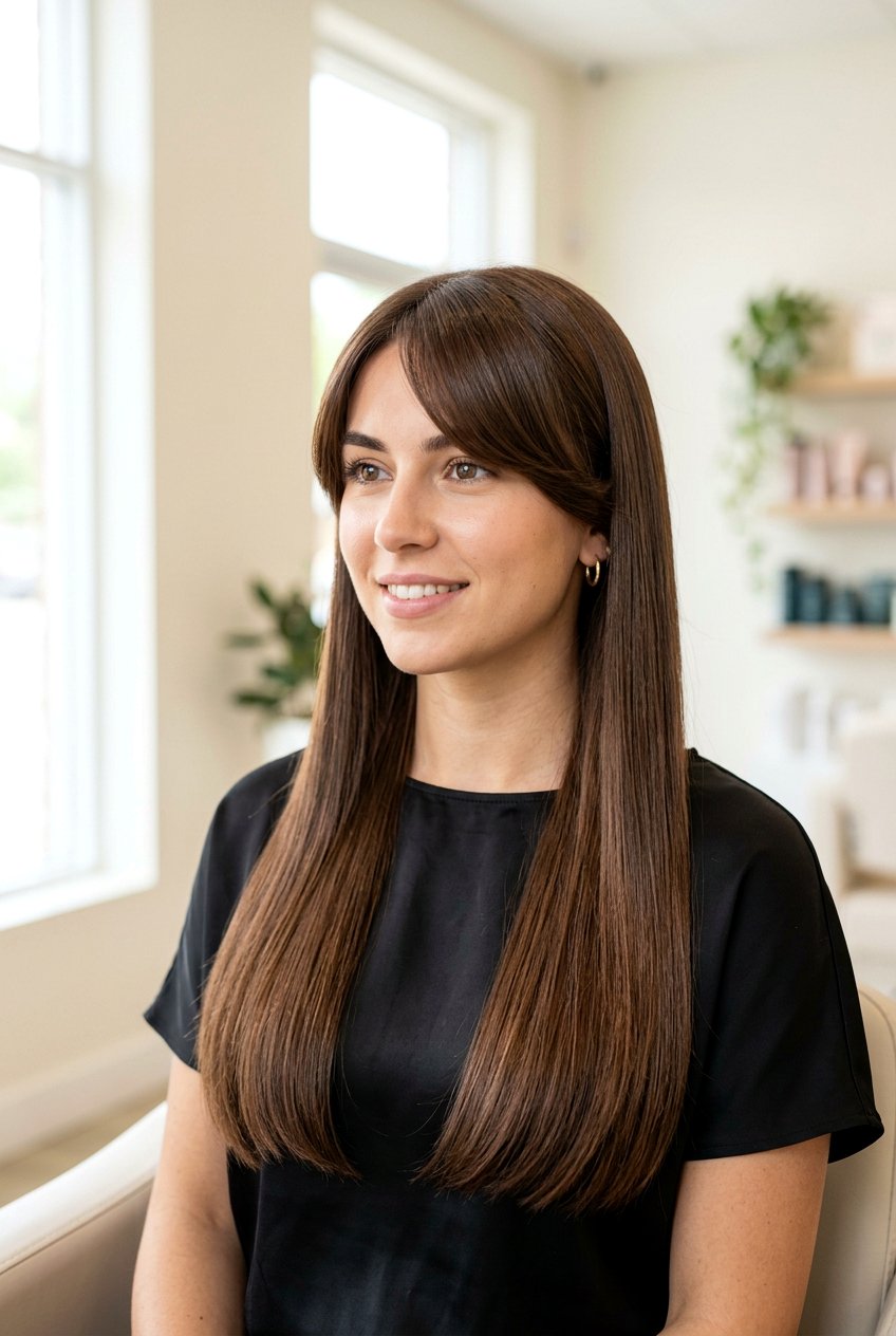 Sleek long hair featuring curtain side bangs