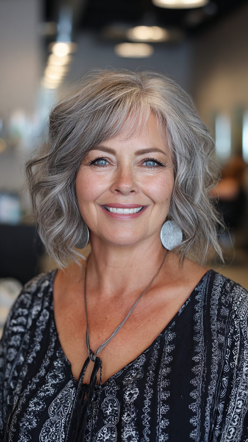 Textured gray bob with side bangs for mature hair