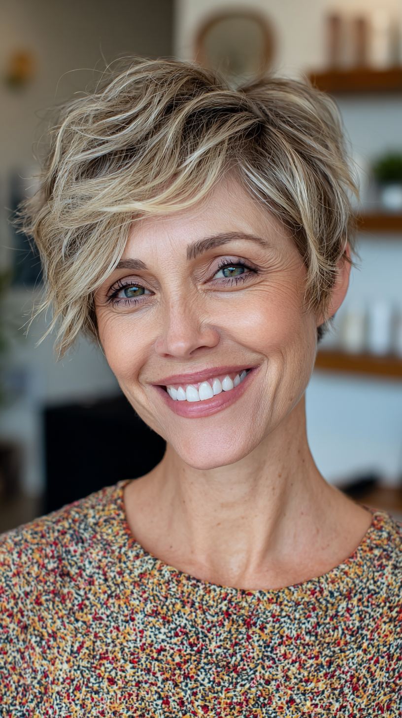 Pixie cut with dynamic side bangs for fine hair