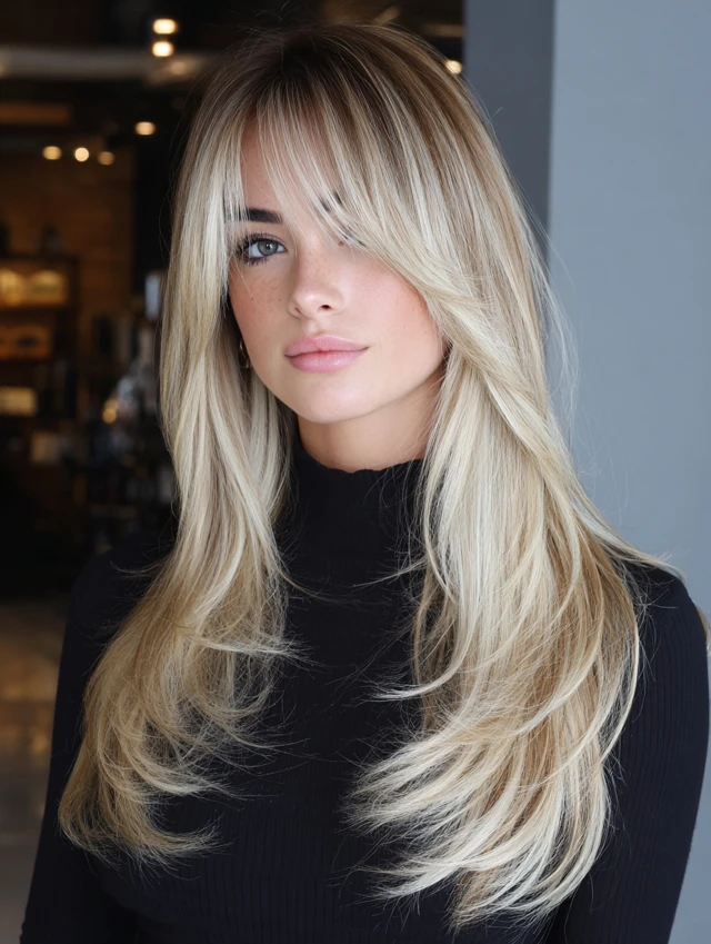 Long layers with feathered side bangs on blonde hair