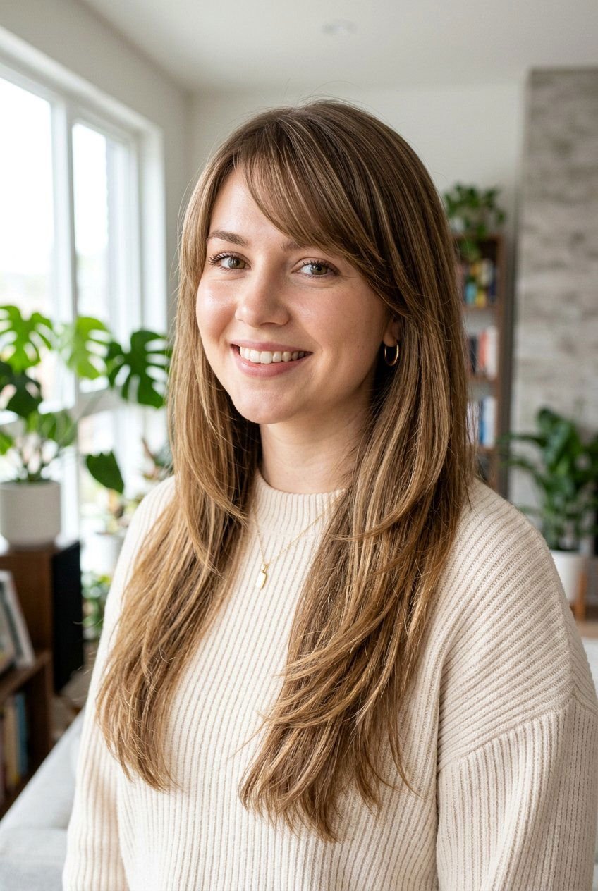 Straight layers with subtle side bangs on medium-length hair