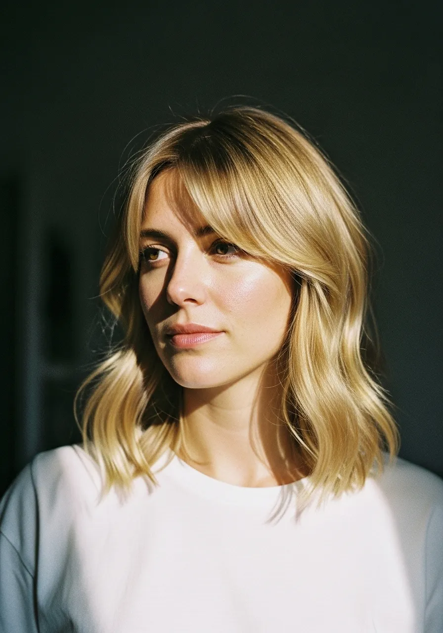 Blunt lob with curtain side bangs for a modern look