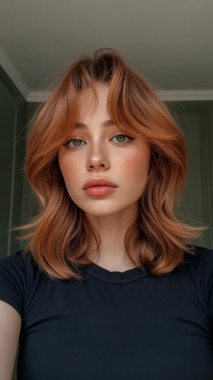 Shaggy lob with layered side bangs and copper tones