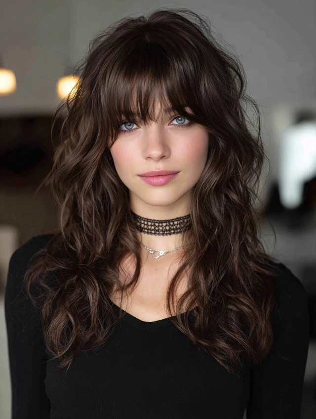 Wavy layers with full side bangs and dark chocolate color