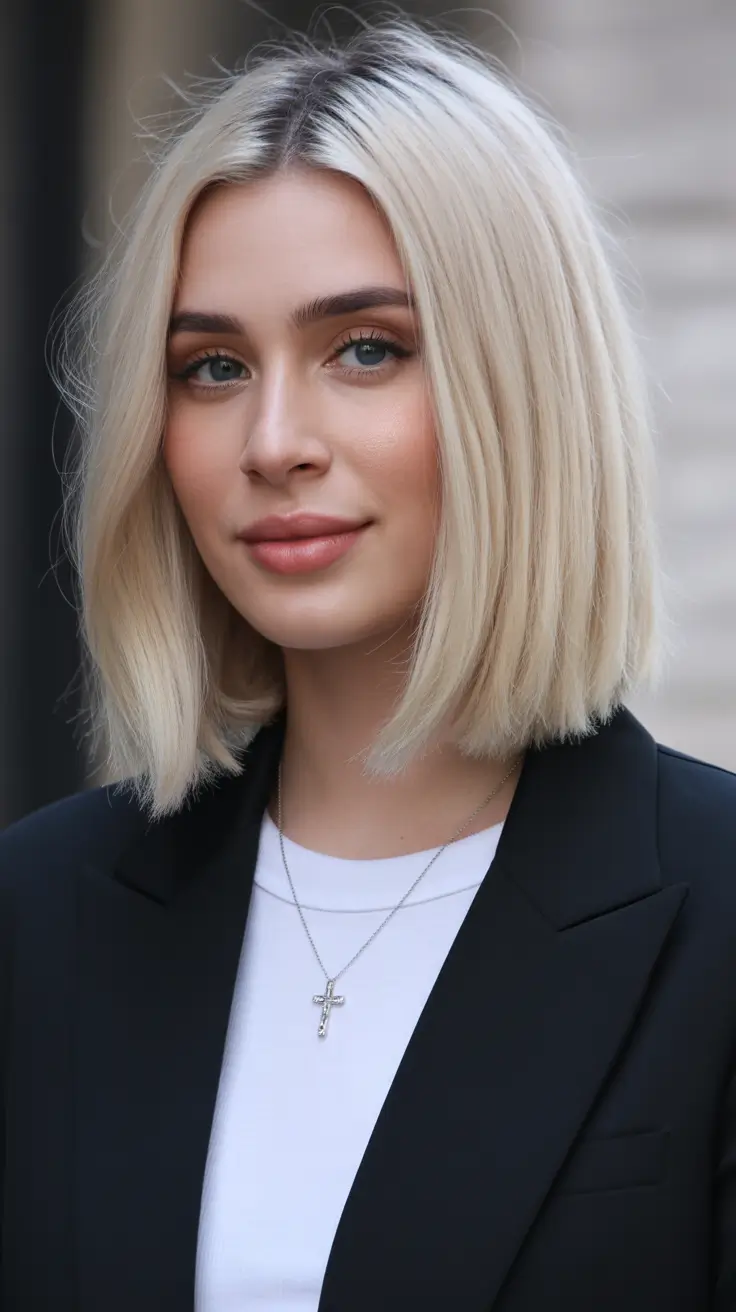 Blunt bob with side bangs on blonde hair