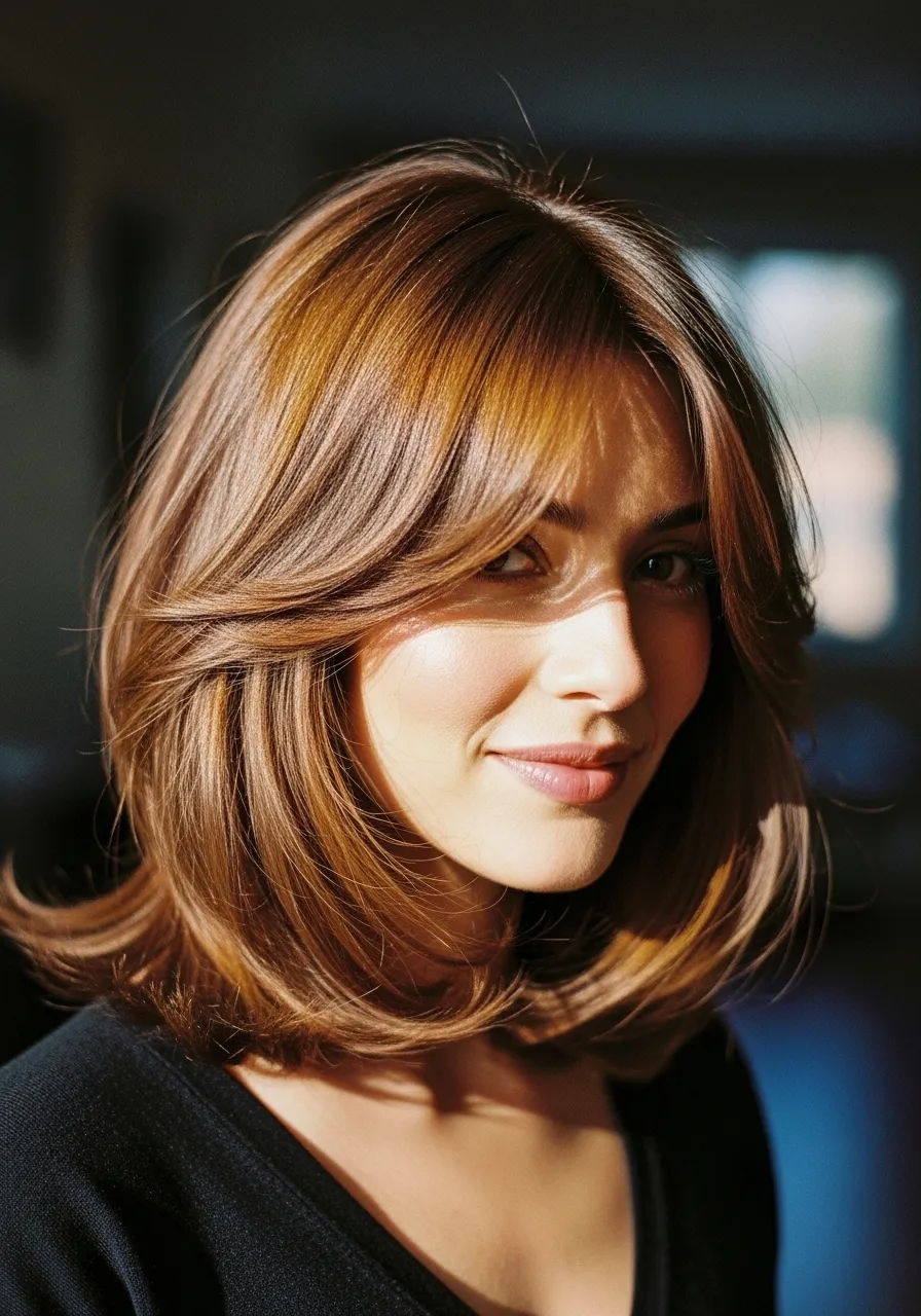 Layered bob with curtain bangs and warm highlights