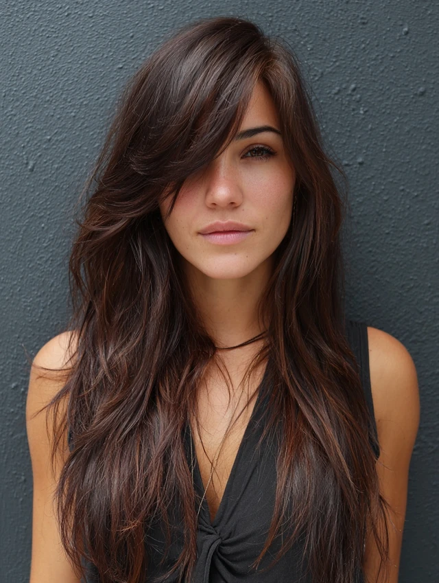 Long tousled waves with side bangs on brunette hair