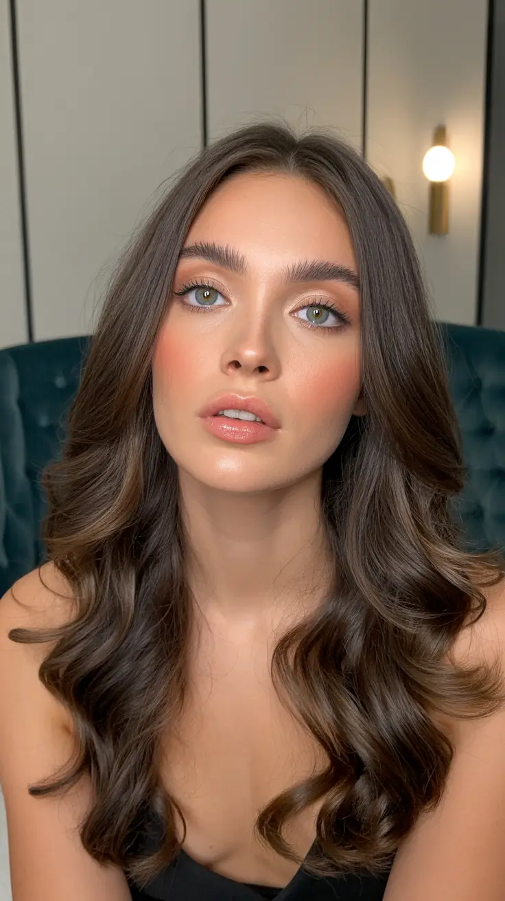 Glossy curls with side bangs on brunette hair